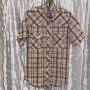 Wrangler Men's Brown Plaid Short Sleeve Shirt w/Pearl Snaps Size Small 🔥 YB4